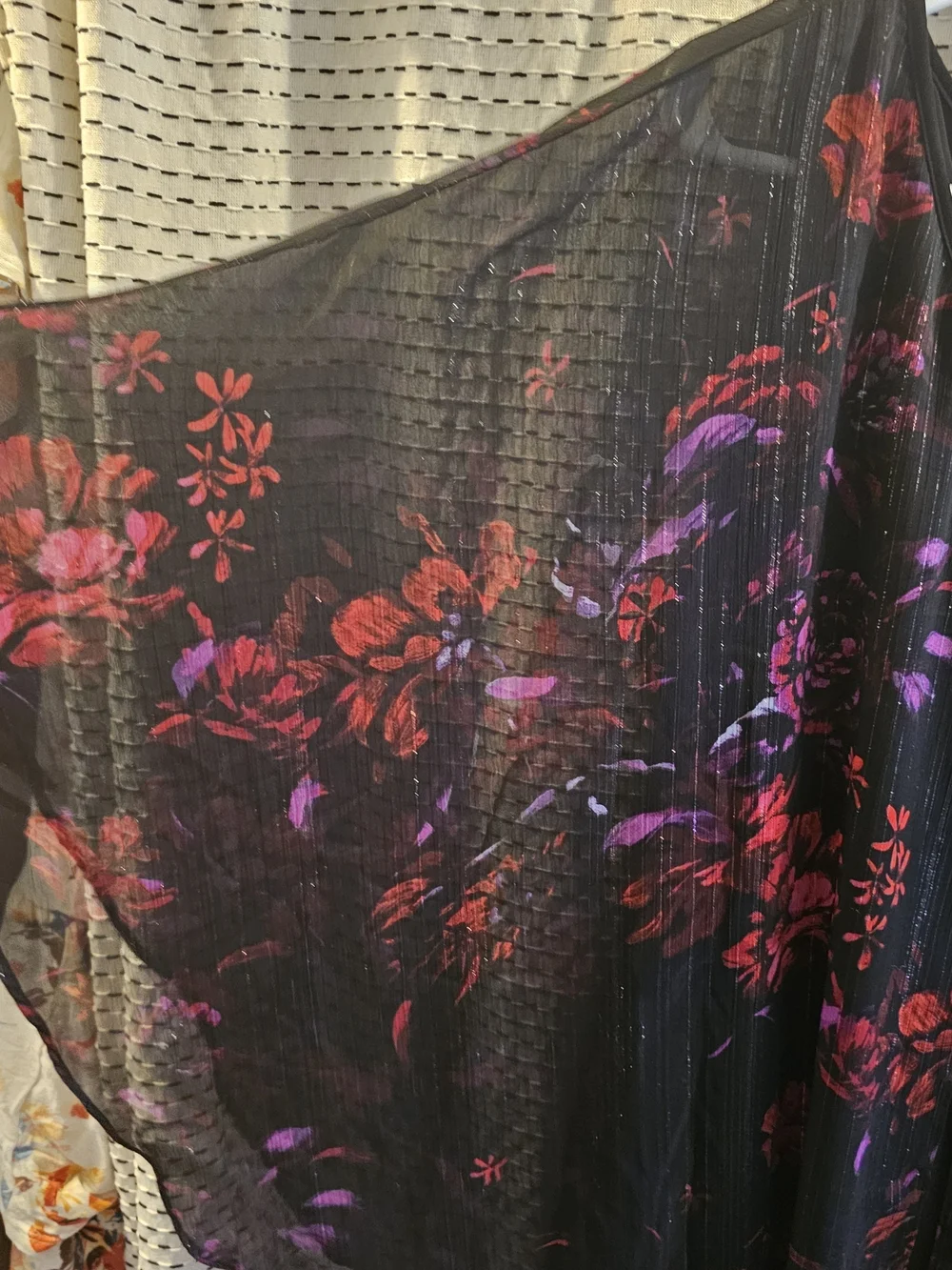 Elegant Black Maxi Dress with Red & Purple Floral Overlay - Picture 3 of 8